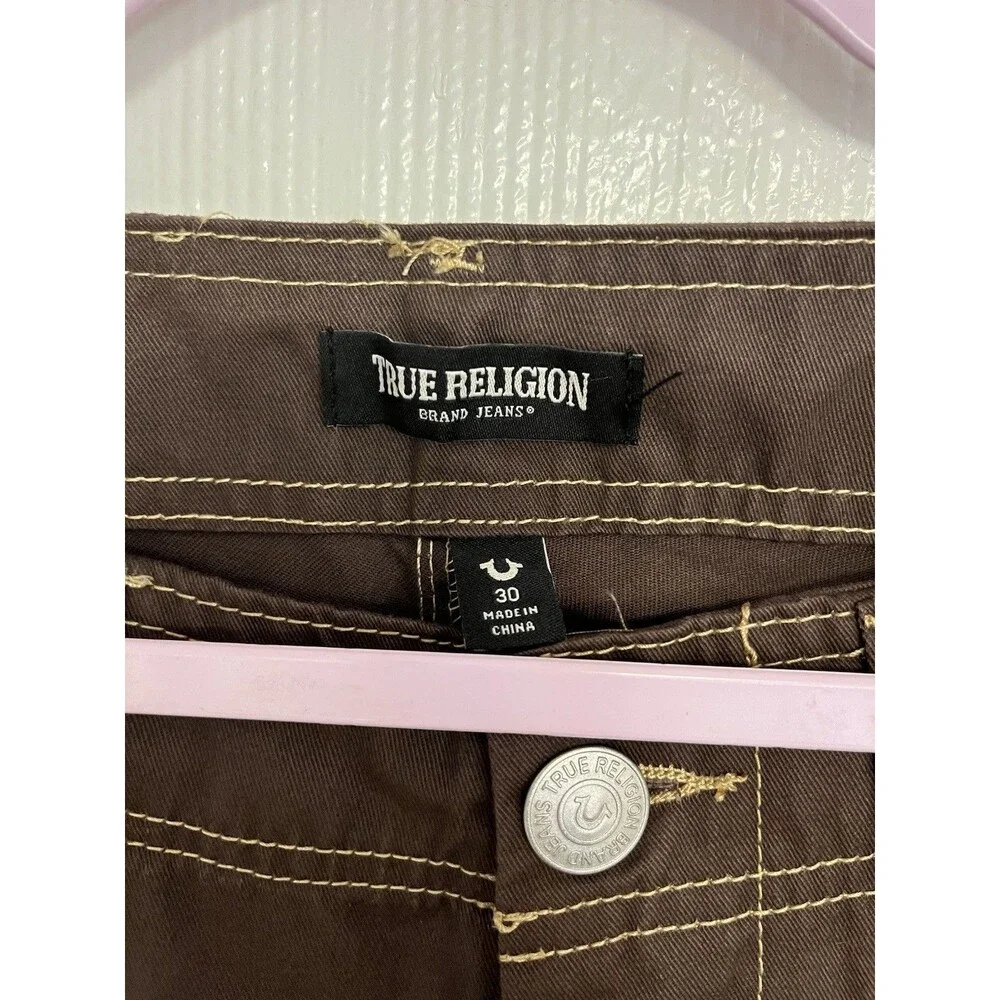 True Religion mens   Brown Canvas Cargo Pants Straight Leg Button Zip Pockets